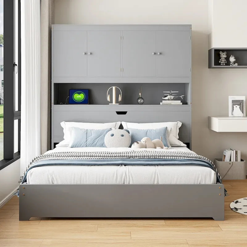 Wooden Platform Storage Bed Full Size Bed Frame with Storage Headboard-20