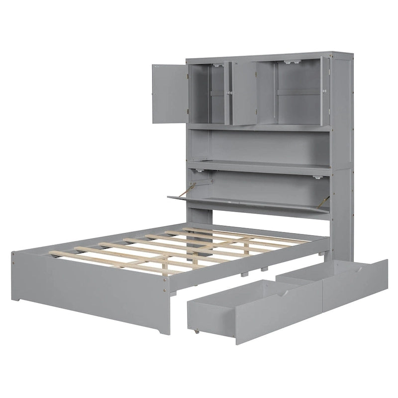 Wooden Platform Storage Bed Full Size Bed Frame with Storage Headboard-5