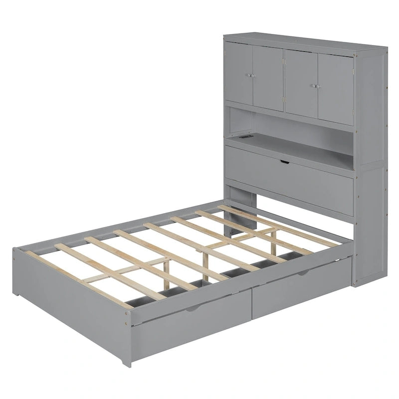 Wooden Platform Storage Bed Full Size Bed Frame with Storage Headboard-7