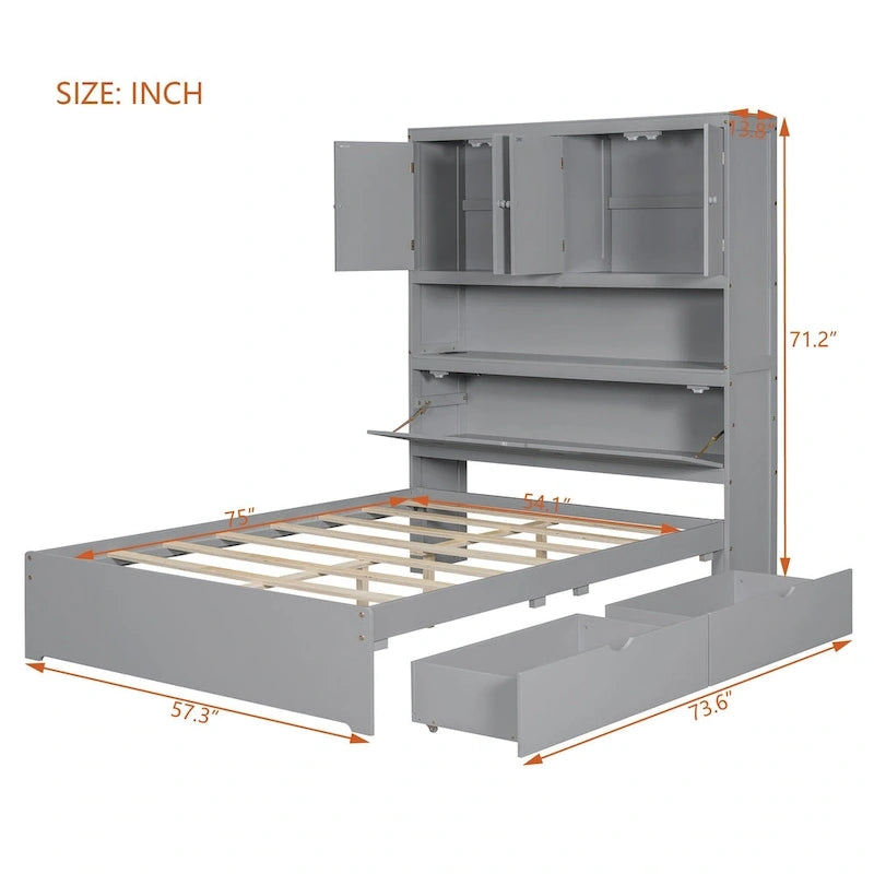 Wooden Platform Storage Bed Full Size Bed Frame with Storage Headboard-9