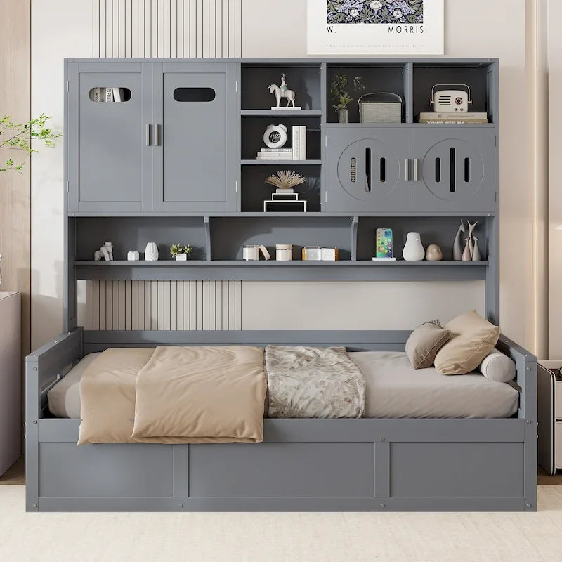 Twin Daybed with Hydraulic Lift, 3 Storage Spaces & Built-in Shelves and Cabinets-40
