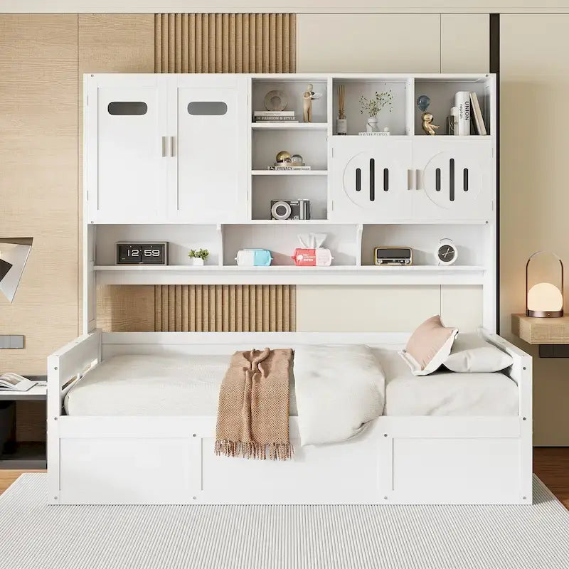 Twin Daybed with Hydraulic Lift, 3 Storage Spaces & Built-in Shelves and Cabinets-41