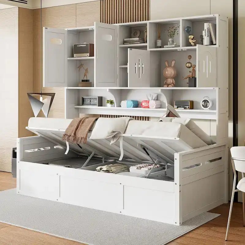 Twin Daybed with Hydraulic Lift, 3 Storage Spaces & Built-in Shelves and Cabinets-2