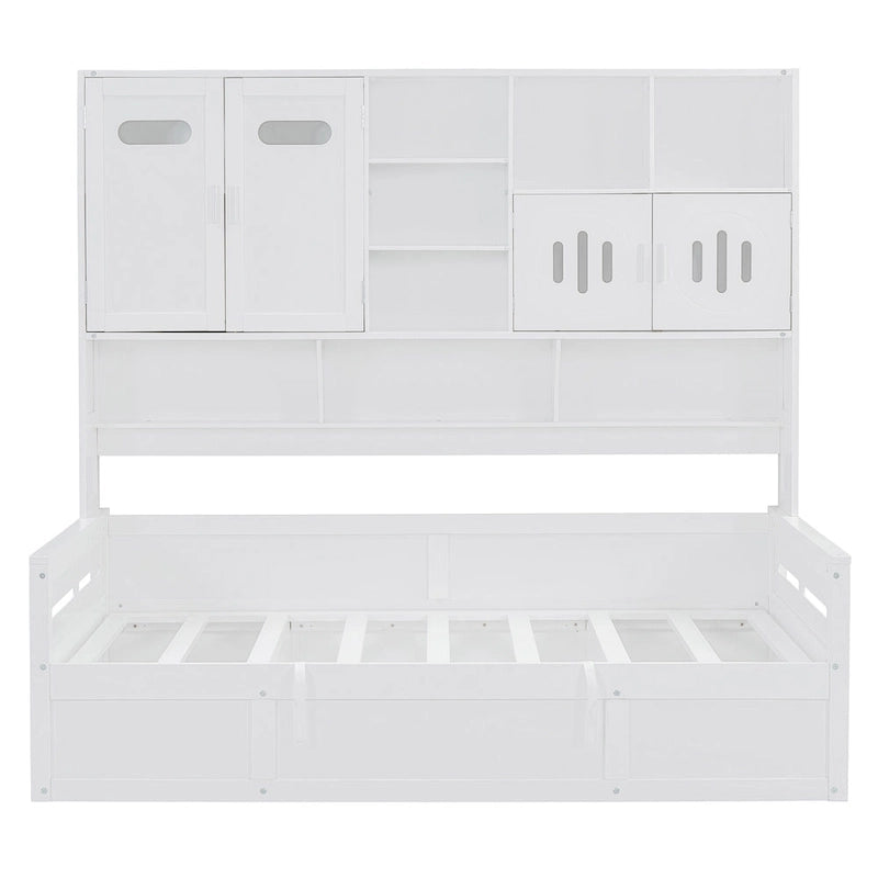 Twin Daybed with Hydraulic Lift, 3 Storage Spaces & Built-in Shelves and Cabinets-3