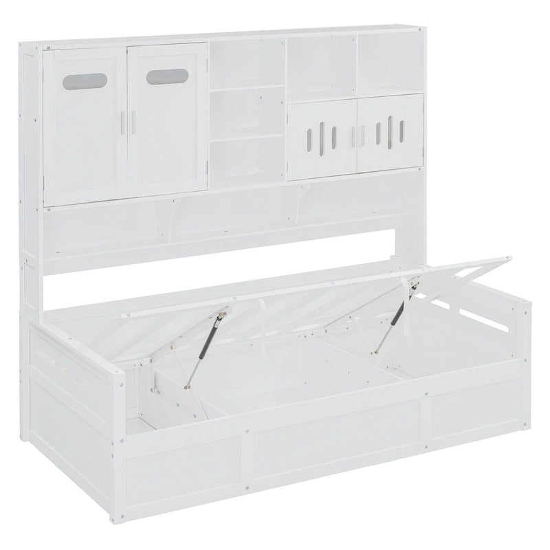 Twin Daybed with Hydraulic Lift, 3 Storage Spaces & Built-in Shelves and Cabinets-4