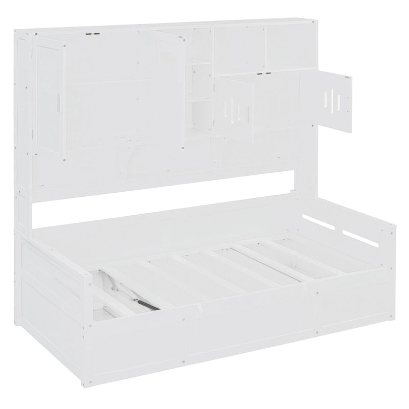 Twin Daybed with Hydraulic Lift, 3 Storage Spaces & Built-in Shelves and Cabinets-5