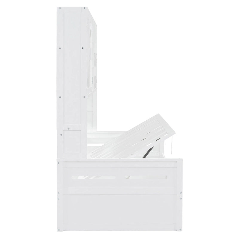 Twin Daybed with Hydraulic Lift, 3 Storage Spaces & Built-in Shelves and Cabinets-6