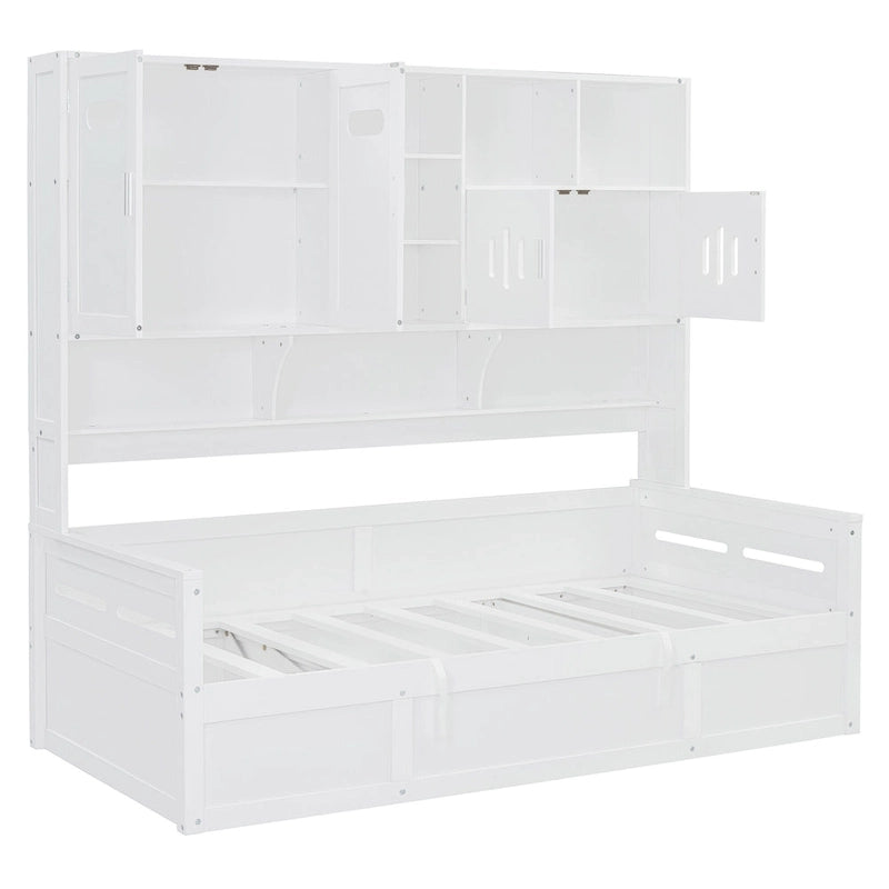 Twin Daybed with Hydraulic Lift, 3 Storage Spaces & Built-in Shelves and Cabinets-7