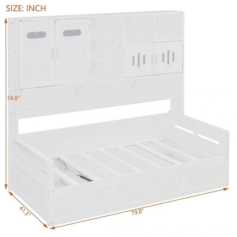Twin Daybed with Hydraulic Lift, 3 Storage Spaces & Built-in Shelves and Cabinets-8