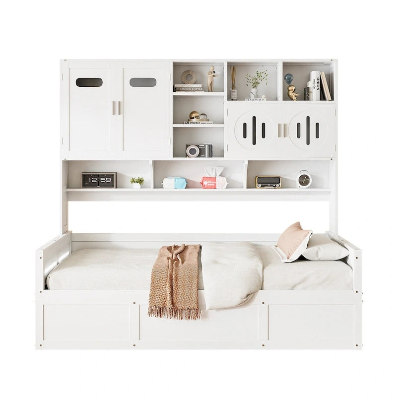 Twin Daybed with Hydraulic Lift, 3 Storage Spaces & Built-in Shelves and Cabinets-11