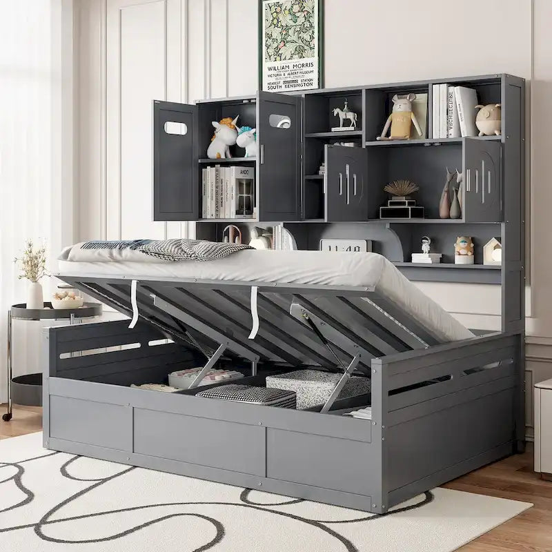 Twin Daybed with Hydraulic Lift, 3 Storage Spaces & Built-in Shelves and Cabinets-14