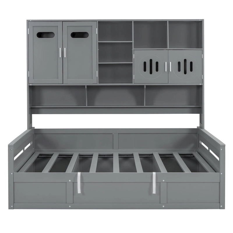 Twin Daybed with Hydraulic Lift, 3 Storage Spaces & Built-in Shelves and Cabinets-15