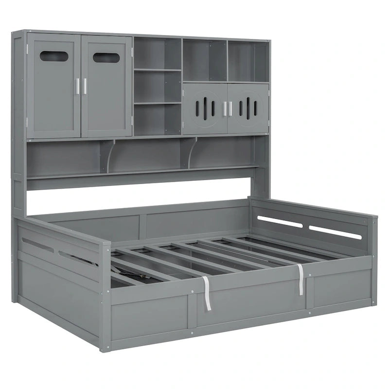 Twin Daybed with Hydraulic Lift, 3 Storage Spaces & Built-in Shelves and Cabinets-17