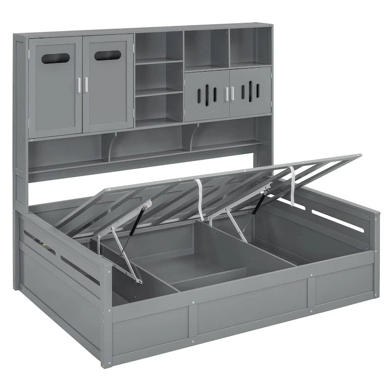 Twin Daybed with Hydraulic Lift, 3 Storage Spaces & Built-in Shelves and Cabinets-18