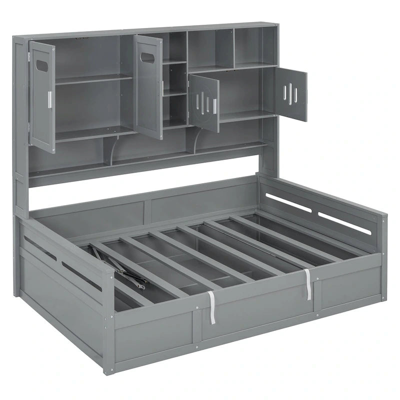 Twin Daybed with Hydraulic Lift, 3 Storage Spaces & Built-in Shelves and Cabinets-19