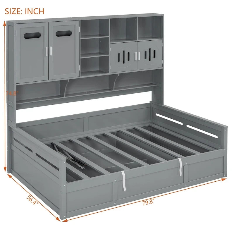 Twin Daybed with Hydraulic Lift, 3 Storage Spaces & Built-in Shelves and Cabinets-21