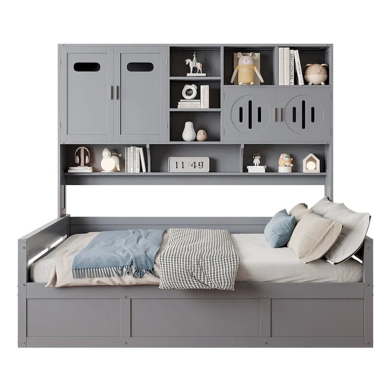 Twin Daybed with Hydraulic Lift, 3 Storage Spaces & Built-in Shelves and Cabinets-23
