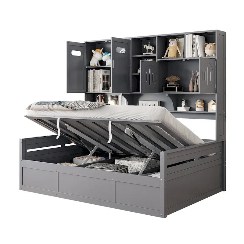 Twin Daybed with Hydraulic Lift, 3 Storage Spaces & Built-in Shelves and Cabinets-24