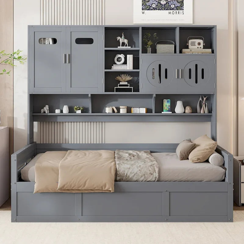 Twin Daybed with Hydraulic Lift, 3 Storage Spaces & Built-in Shelves and Cabinets-25