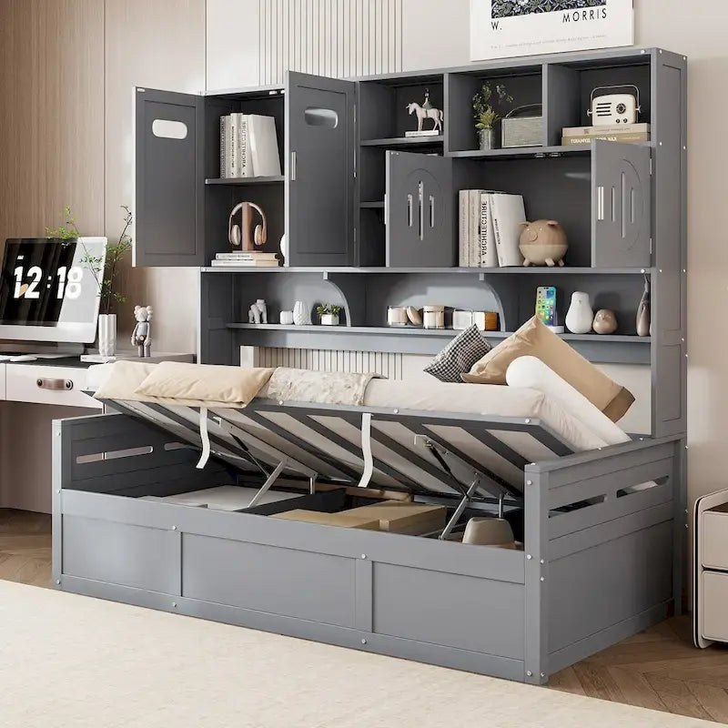 Twin Daybed with Hydraulic Lift, 3 Storage Spaces & Built-in Shelves and Cabinets-26