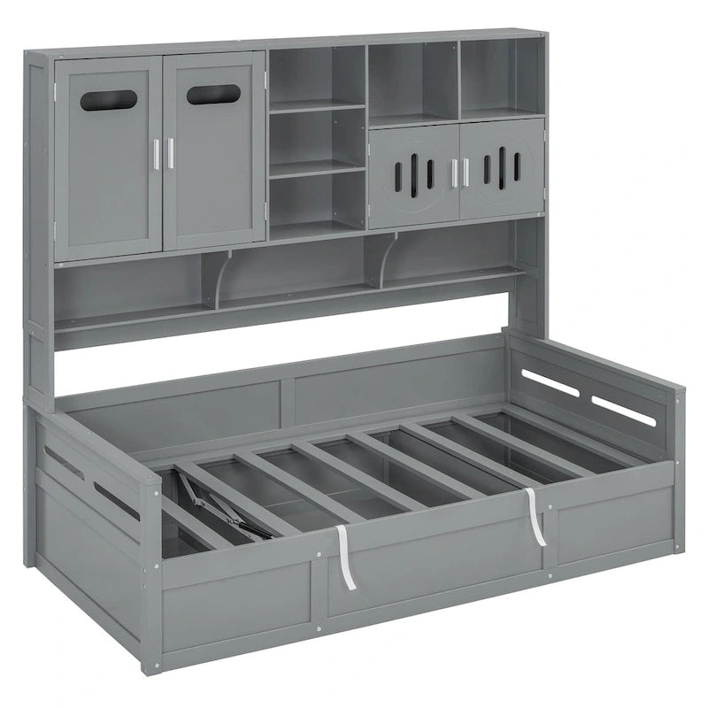 Twin Daybed with Hydraulic Lift, 3 Storage Spaces & Built-in Shelves and Cabinets-27