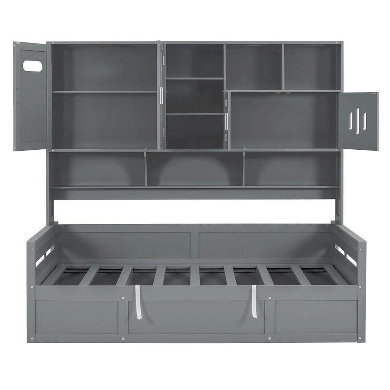 Twin Daybed with Hydraulic Lift, 3 Storage Spaces & Built-in Shelves and Cabinets-28