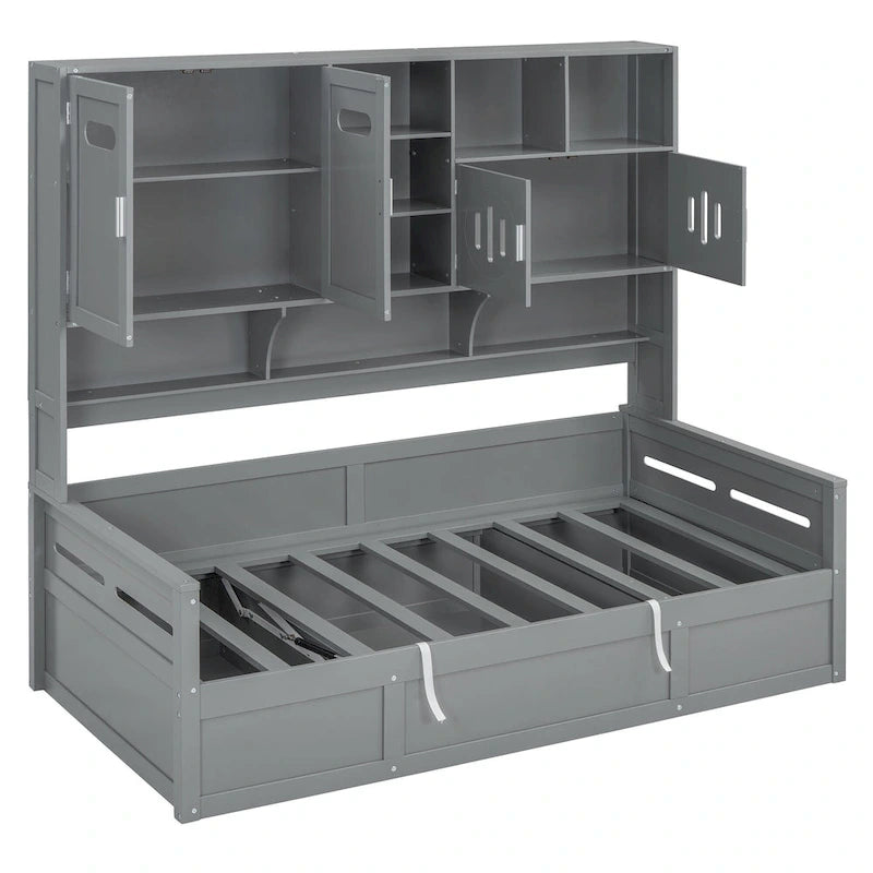 Twin Daybed with Hydraulic Lift, 3 Storage Spaces & Built-in Shelves and Cabinets-29