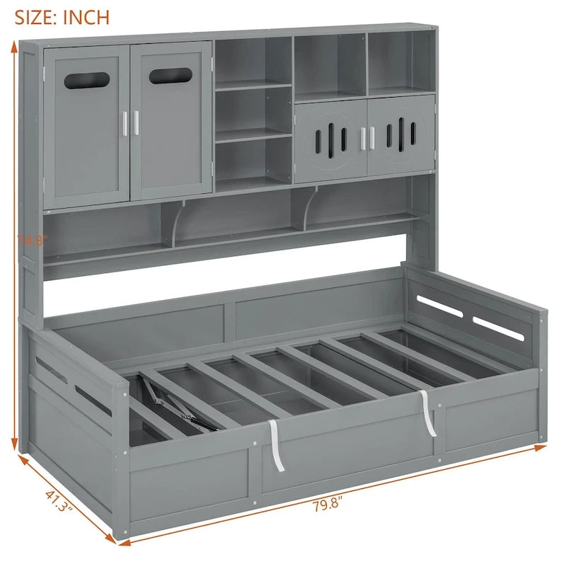 Twin Daybed with Hydraulic Lift, 3 Storage Spaces & Built-in Shelves and Cabinets-31