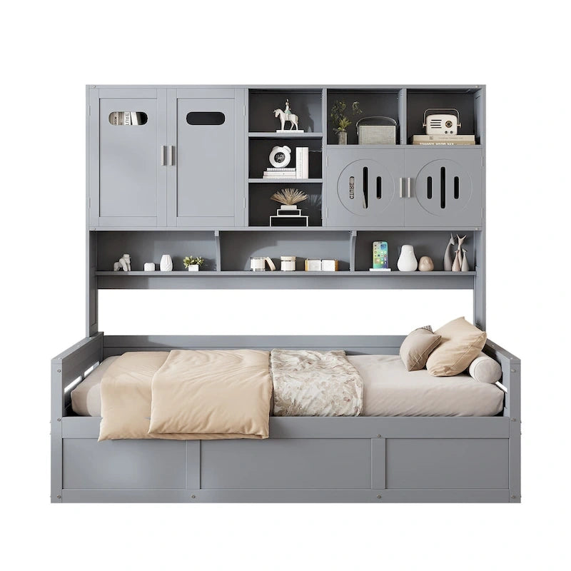 Twin Daybed with Hydraulic Lift, 3 Storage Spaces & Built-in Shelves and Cabinets-35