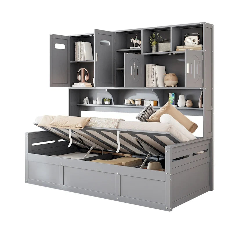 Twin Daybed with Hydraulic Lift, 3 Storage Spaces & Built-in Shelves and Cabinets-36