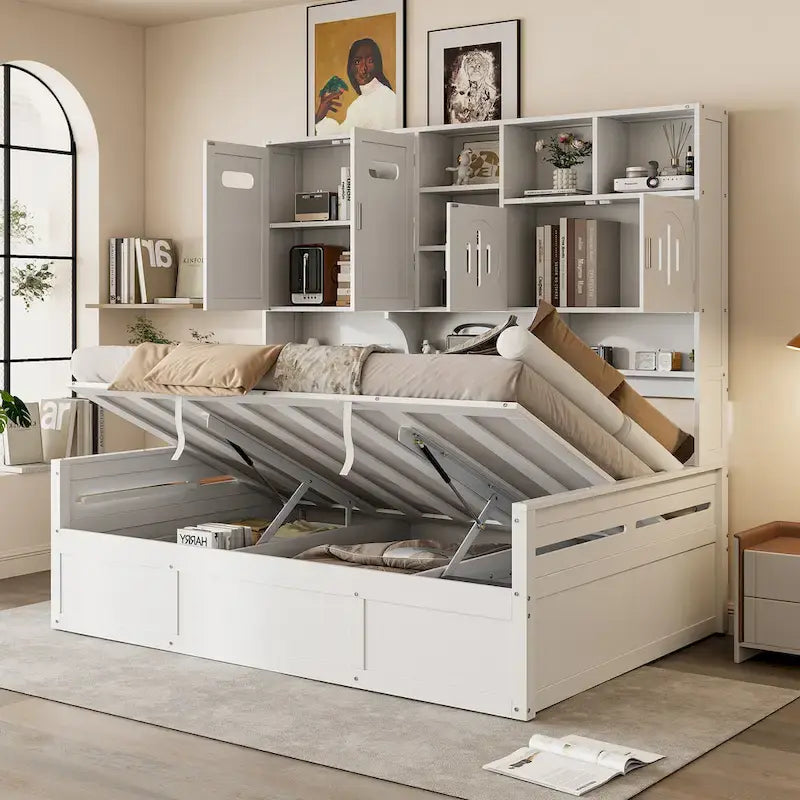 Twin Daybed with Hydraulic Lift, 3 Storage Spaces & Built-in Shelves and Cabinets-38