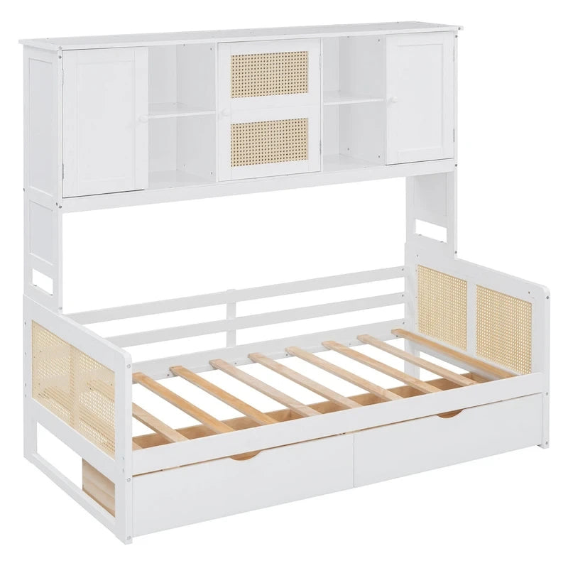 Twin Daybed with Storage Drawers, Cabinet, and Shelf, Sturdy Wood Construction-4