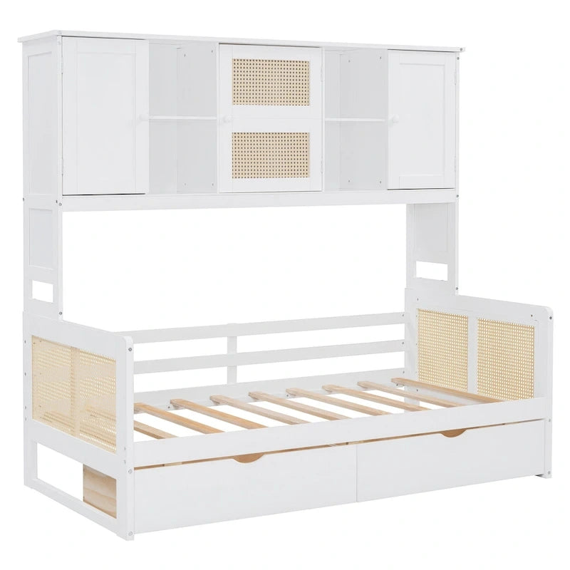 Twin Daybed with Storage Drawers, Cabinet, and Shelf, Sturdy Wood Construction-5