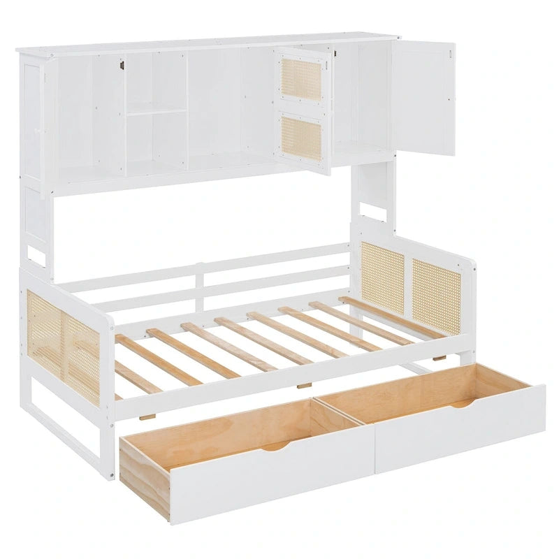 Twin Daybed with Storage Drawers, Cabinet, and Shelf, Sturdy Wood Construction-7