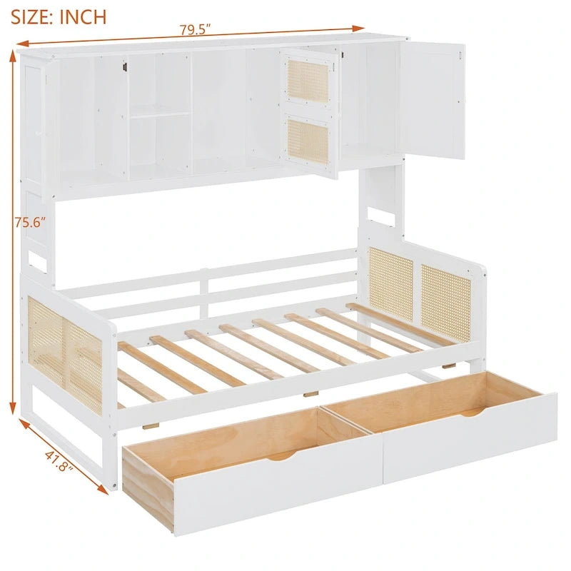 Twin Daybed with Storage Drawers, Cabinet, and Shelf, Sturdy Wood Construction-10