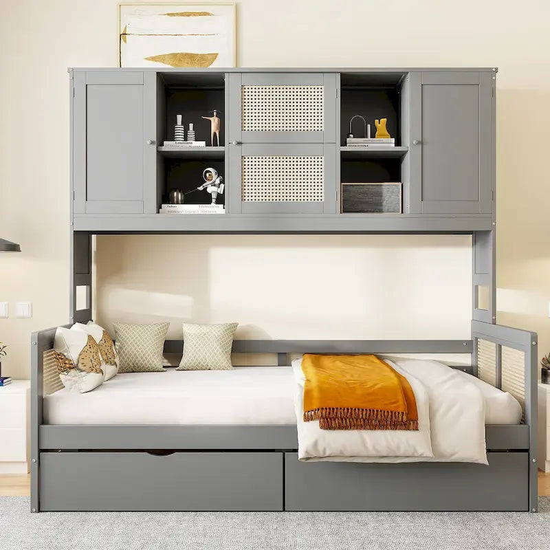 Twin Daybed with Storage Drawers, Cabinet, and Shelf, Sturdy Wood Construction-14