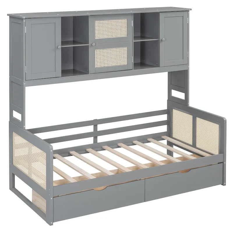 Twin Daybed with Storage Drawers, Cabinet, and Shelf, Sturdy Wood Construction-19