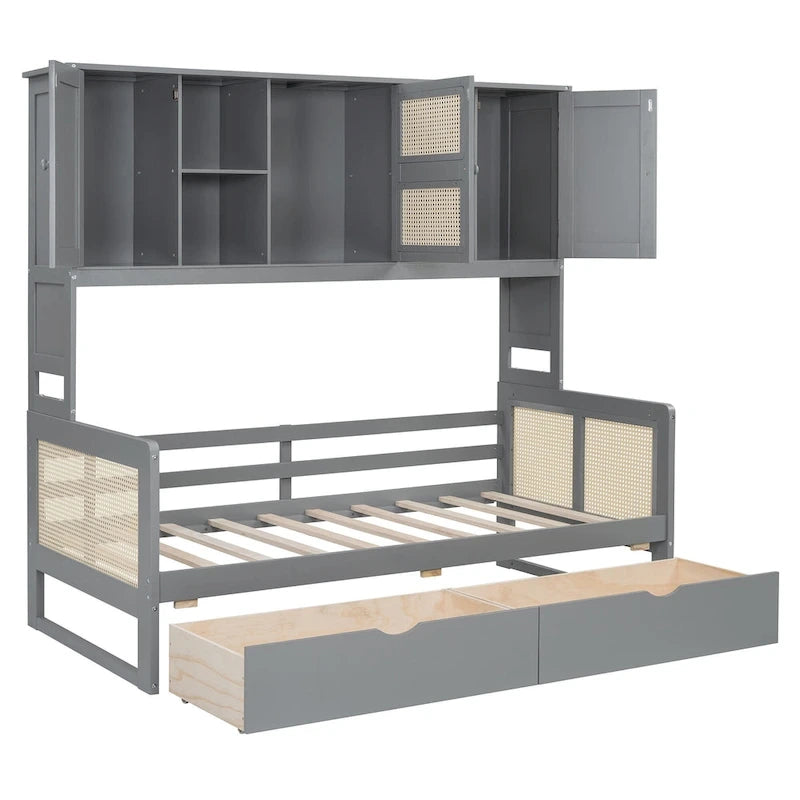 Twin Daybed with Storage Drawers, Cabinet, and Shelf, Sturdy Wood Construction-20
