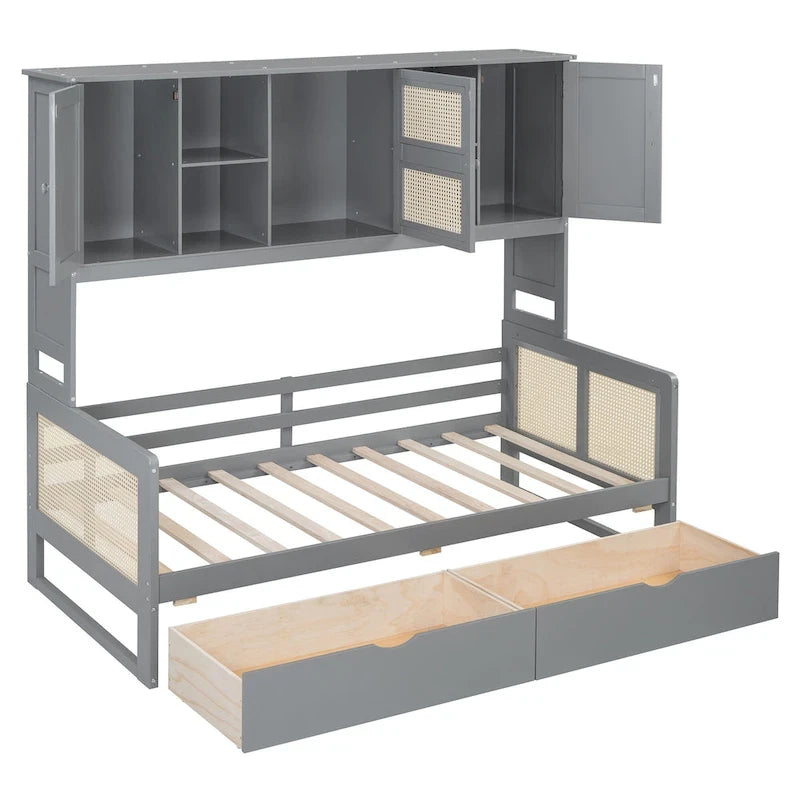 Twin Daybed with Storage Drawers, Cabinet, and Shelf, Sturdy Wood Construction-21