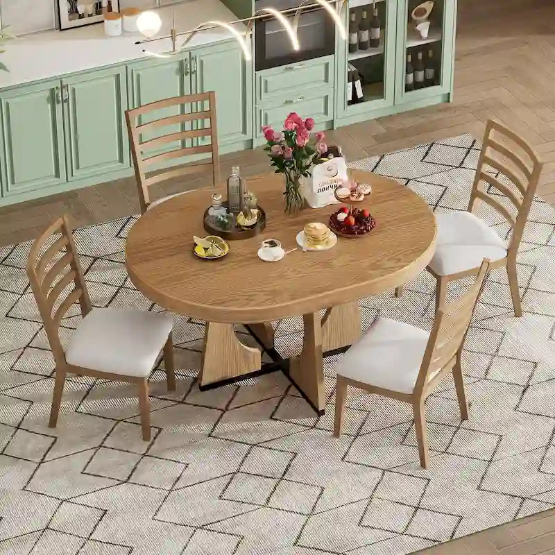 5 Piece Extendable Dining Table Set Retro Round Dining Table and Chair Sets with Geometric Design for Kitchen Dining Room-27