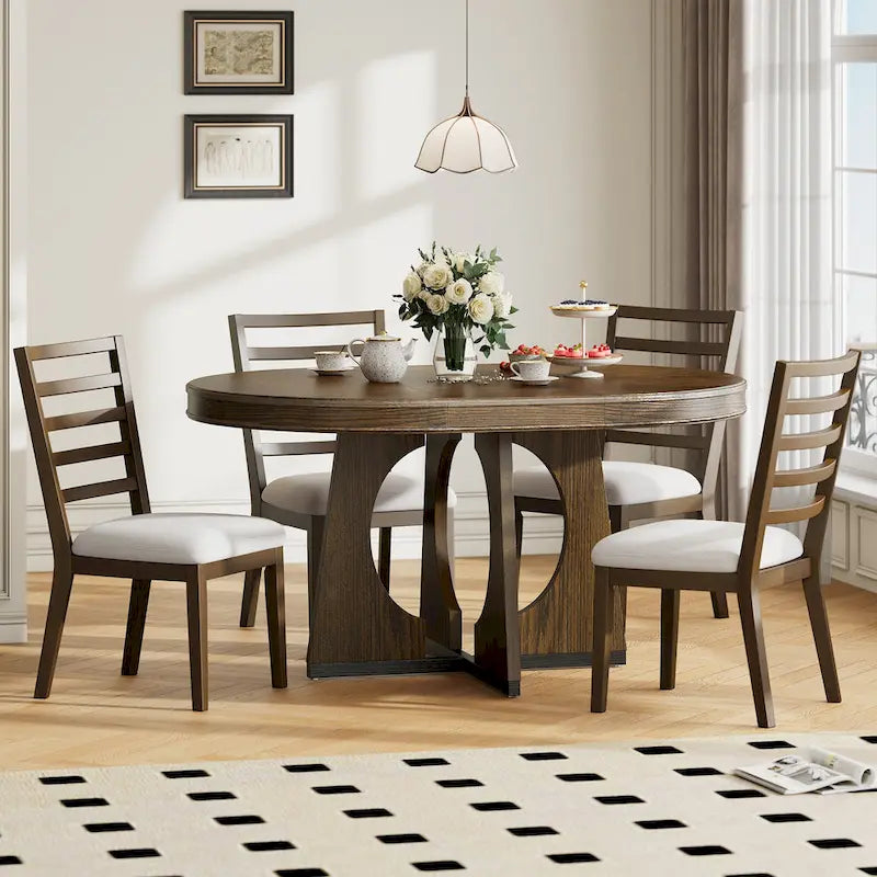 5 Piece Extendable Dining Table Set Retro Round Dining Table and Chair Sets with Geometric Design for Kitchen Dining Room-2