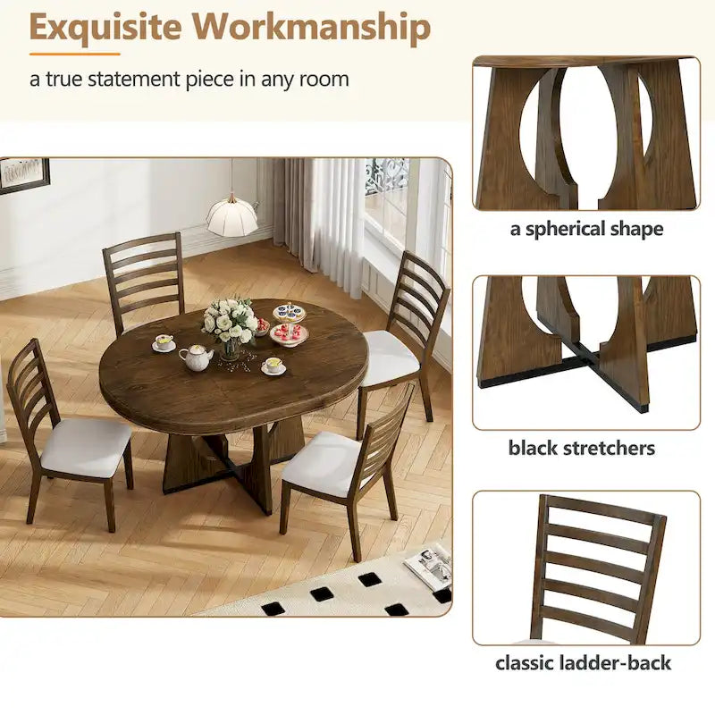 5 Piece Extendable Dining Table Set Retro Round Dining Table and Chair Sets with Geometric Design for Kitchen Dining Room-5