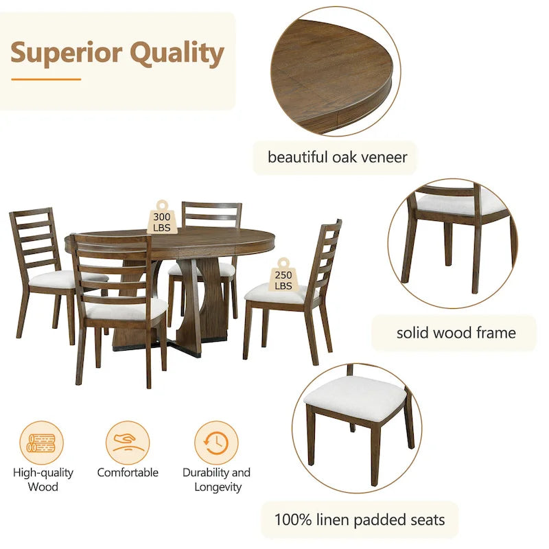5 Piece Extendable Dining Table Set Retro Round Dining Table and Chair Sets with Geometric Design for Kitchen Dining Room-9