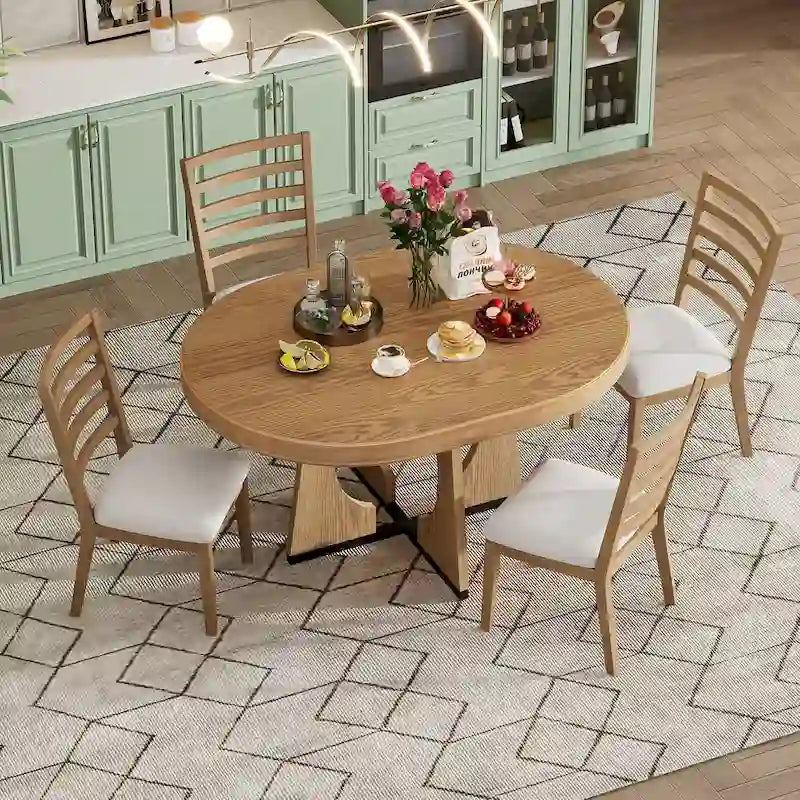 5 Piece Extendable Dining Table Set Retro Round Dining Table and Chair Sets with Geometric Design for Kitchen Dining Room-14