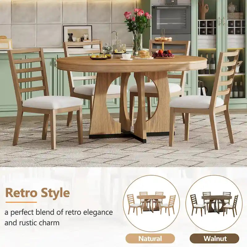 5 Piece Extendable Dining Table Set Retro Round Dining Table and Chair Sets with Geometric Design for Kitchen Dining Room-17