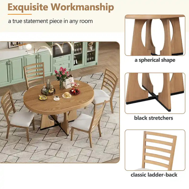 5 Piece Extendable Dining Table Set Retro Round Dining Table and Chair Sets with Geometric Design for Kitchen Dining Room-18