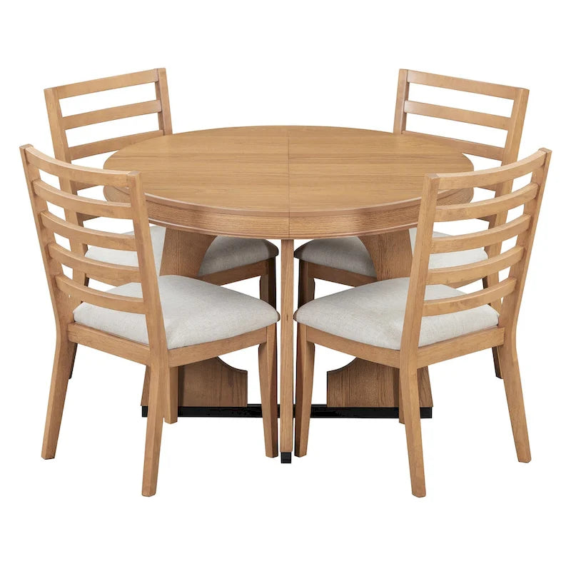 5 Piece Extendable Dining Table Set Retro Round Dining Table and Chair Sets with Geometric Design for Kitchen Dining Room-23