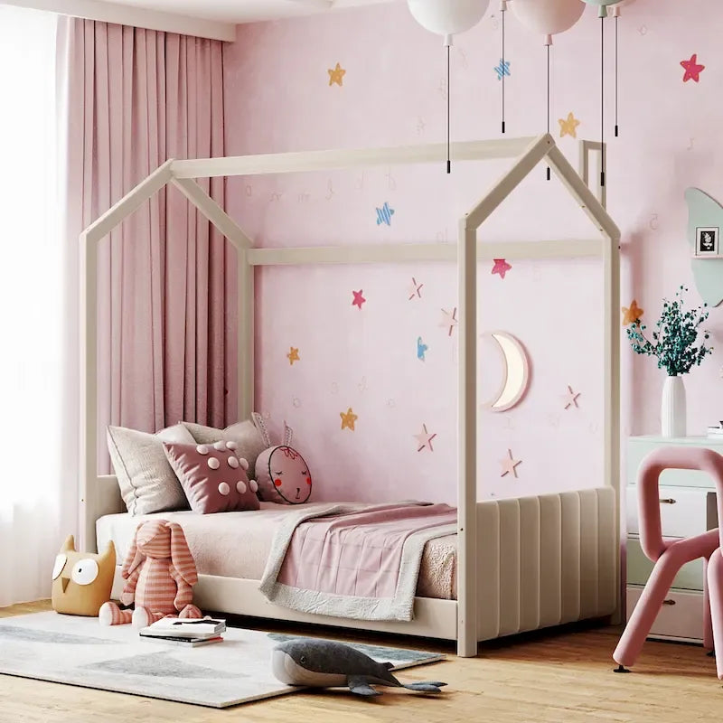 Twin Size Modern Canopy Bed with Striped Headboard & Roof Design-14