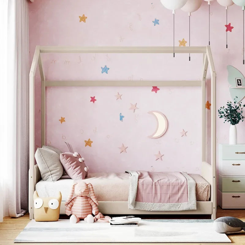 Twin Size Modern Canopy Bed with Striped Headboard & Roof Design-2