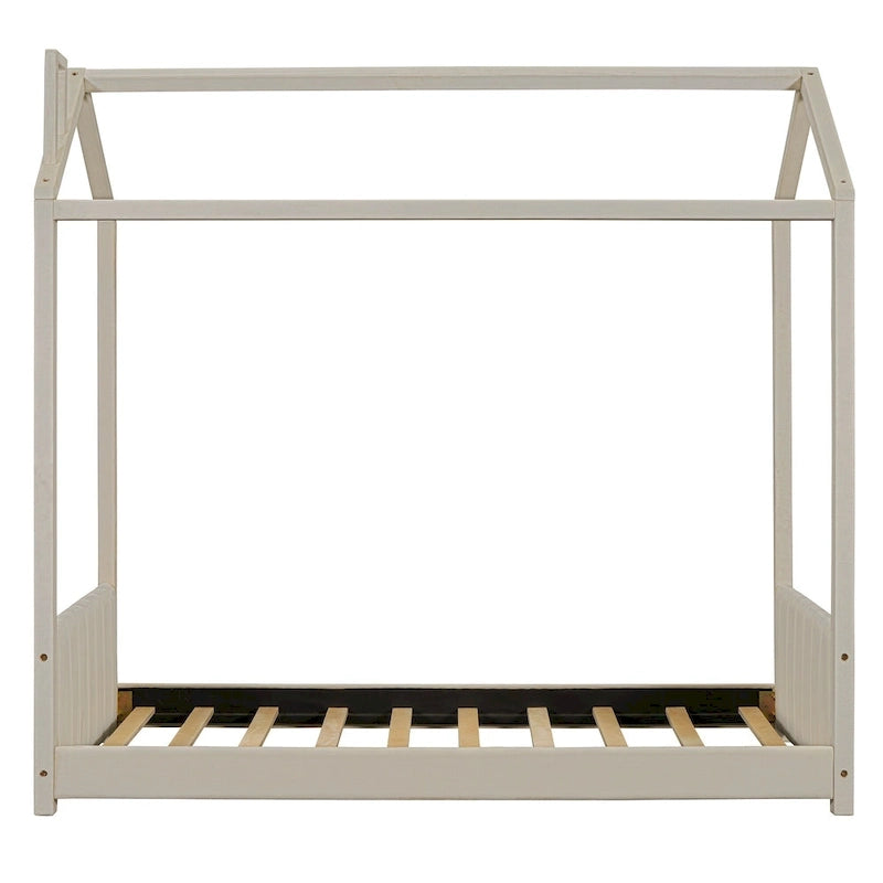 Twin Size Modern Canopy Bed with Striped Headboard & Roof Design-5